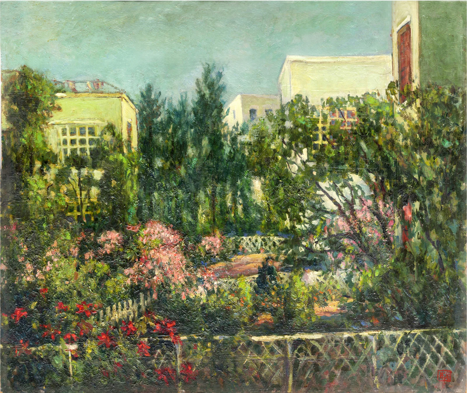 余本的庭院绘画，描绘华侨新村的植物与住宅